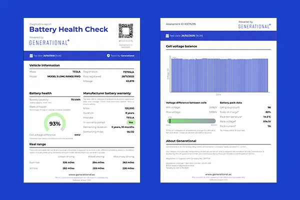 Example Generational battery health certificate showing State of Health, range, warranty and cell voltage balance