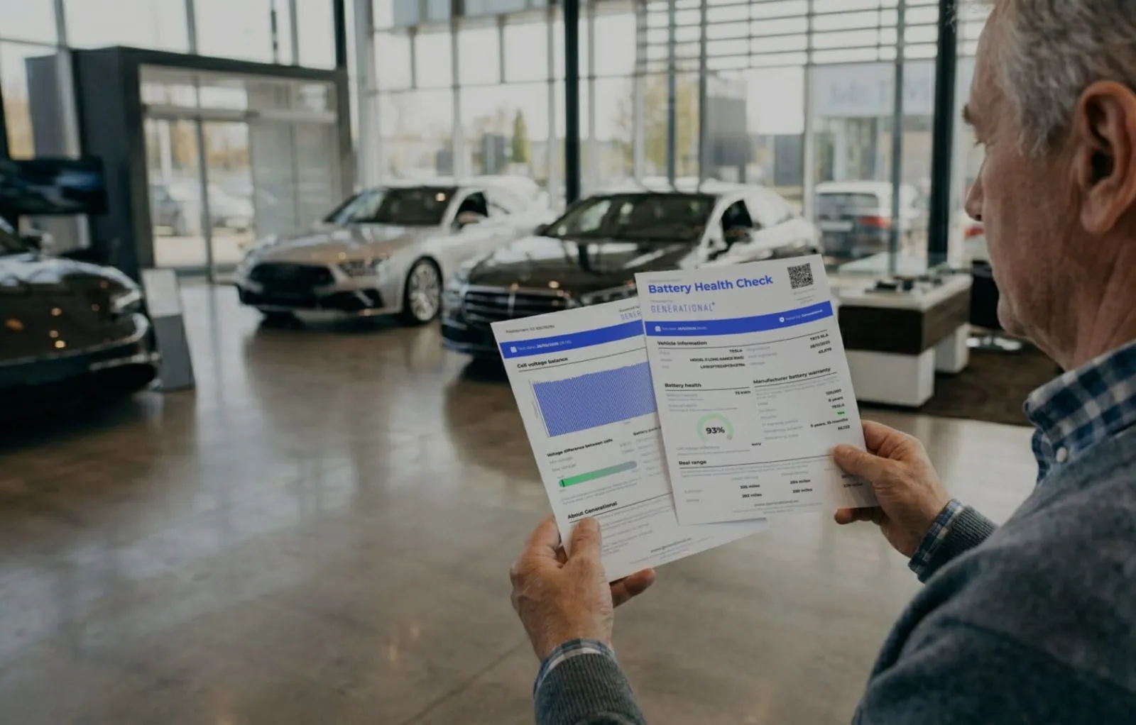 Generational promotional photograph of a customer reviewing a two-page battery health report in a vehicle showroom